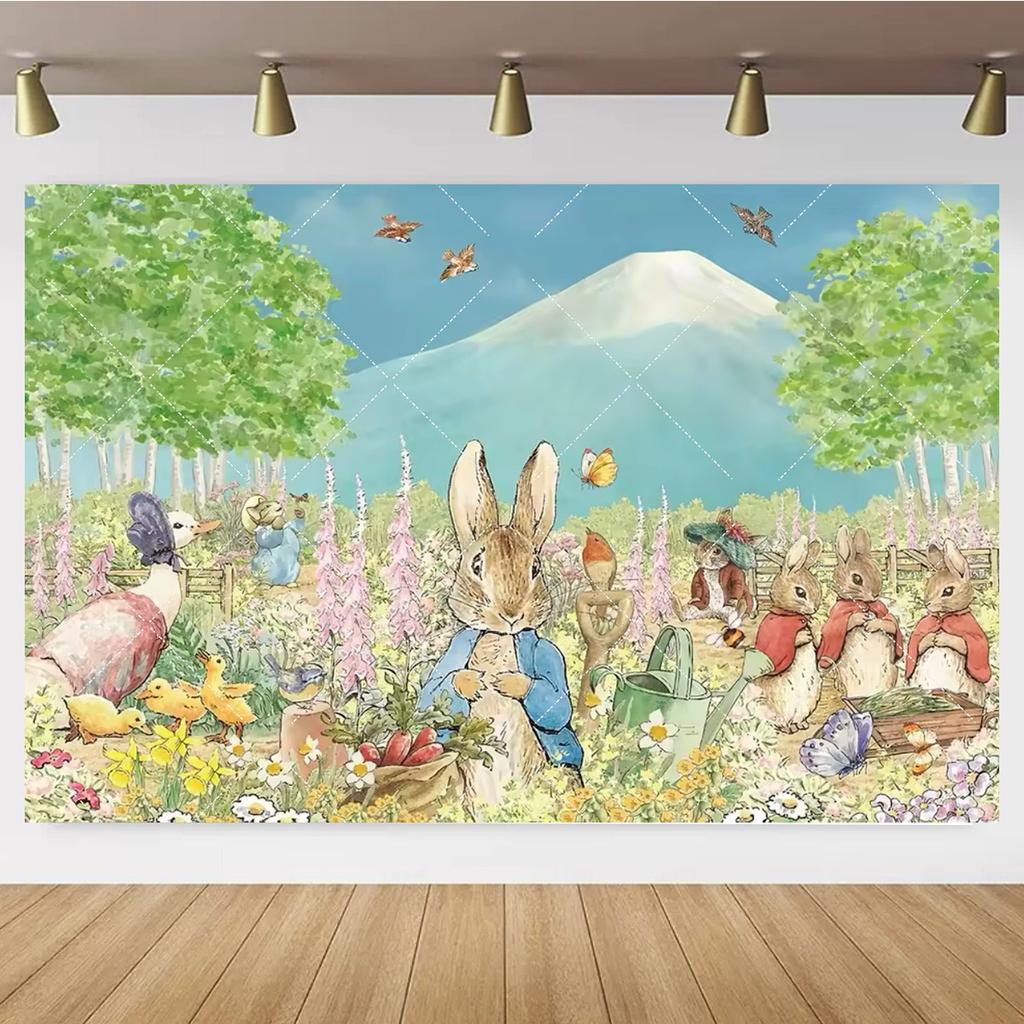 Cartoon rabbit Peter Pan garden children's birthday party backdrop rabbit flower carrot cake table decor gift baby christening party684