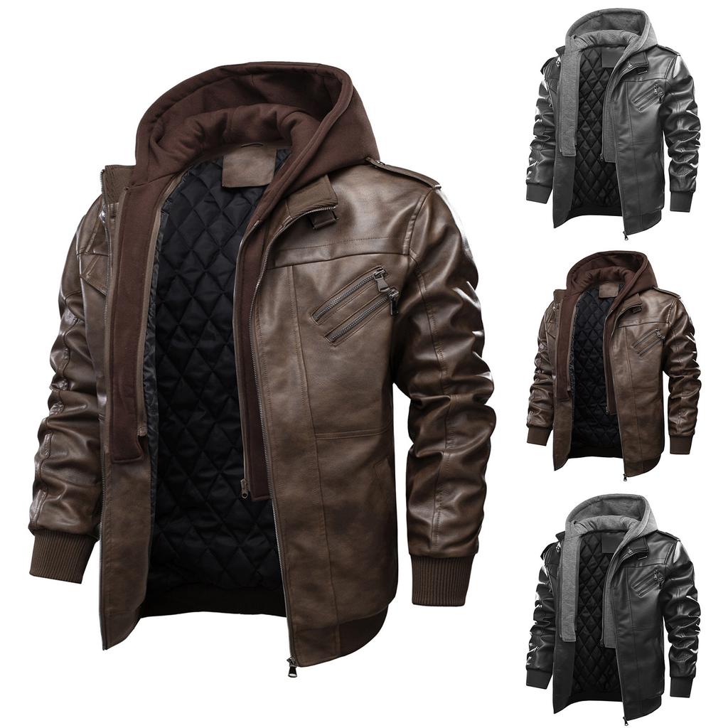 Men's Leisure Motorcycle  Leather Jacket With Cotton Warm Jacket Thickened Detachable Hooded Large Jacket