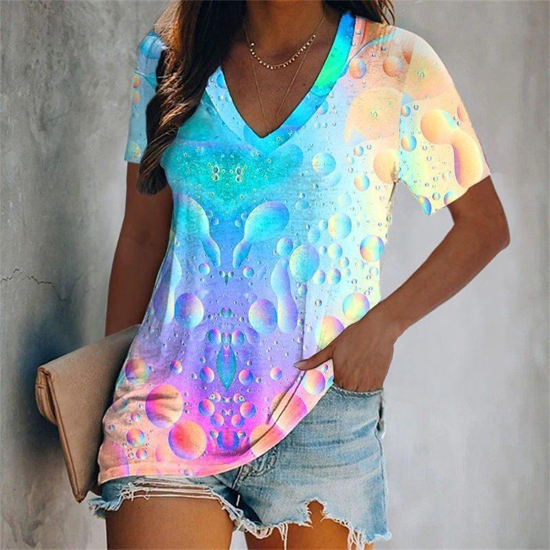 Colorful Tassels Print T-Shirt Fashion Women's Short Sleeve V-Neck T-Shirt 2024 Summer Casual Elegant Women's Large Size T-Shirt