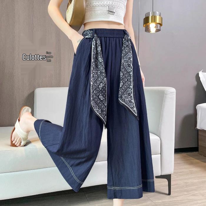

Dark Blue Ice Silk High-Waisted Skirt Shorts for Women with Free Belt - Summer 2026, Lazy Style, Slimming, Seven-Point Length XL джинсовий синього кольору