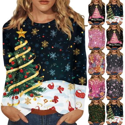 Women's Fashion Casual Christmas Print Round Neck Long Sleeve Decorative T-Shirt Top