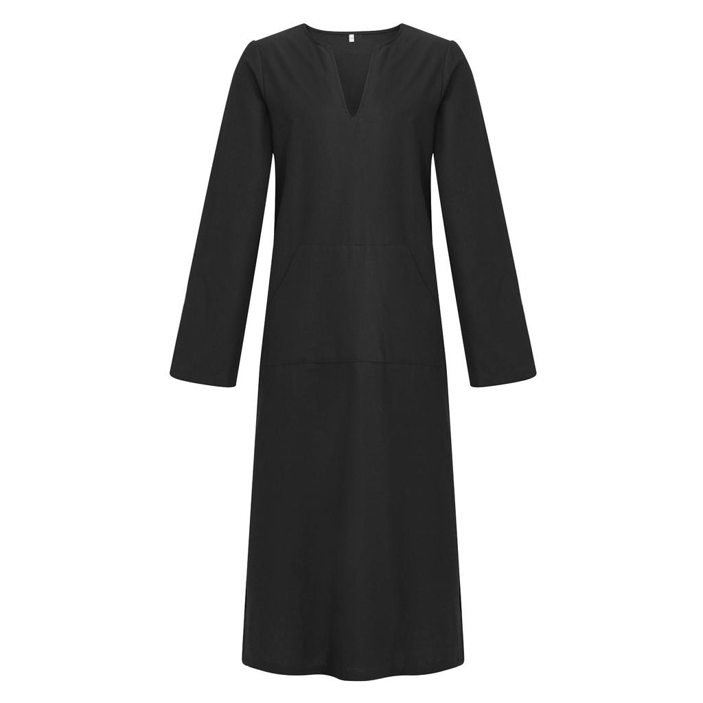 Herren V-Ausschnitt Leinen Robe Kurzarm Kaftan Langes Kleid Freizeithemd für Strand, Sommer
