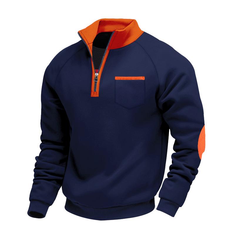 Men's Heavyweight Fleece-Lined Thermal Zip-Up Stand Collar Personalised Patchwork Stylish Casual Long-Sleeved Sweatshirt
