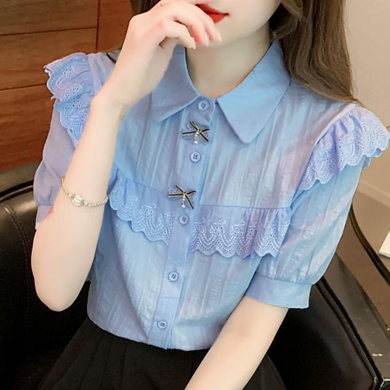 Summer 2025 New Women's Cotton Shirt Western Style Niche Short-sleeved Lace Blouse 925