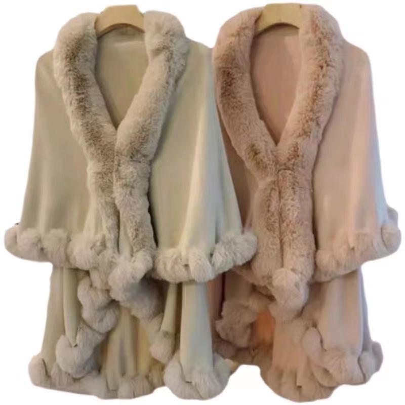 Plus Size Women's Knitted Cardigan with Imitation Rex Rabbit Fur Collar - Autumn/Winter Cape Shawl