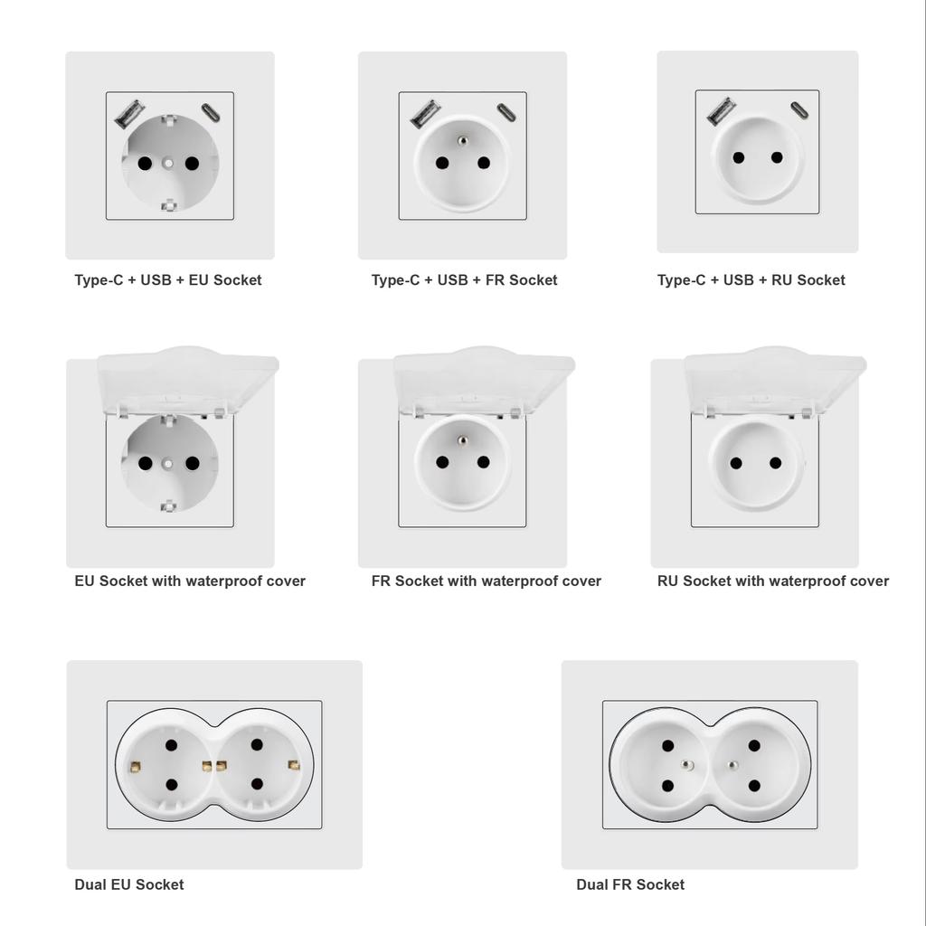 EU-Standard Weißer Kunststoff Panel Strom 250V 16A Retro-Stil Langlebig Haus Elektrisch Doppel Französisch 2P+T Stecker Steckdosen 82mm*145mm Schalter Hersteller