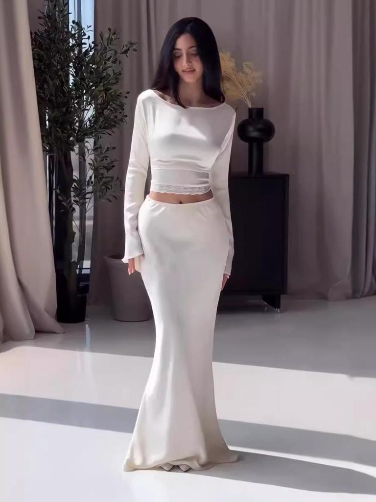 2024 Autumn European & American Solid Color Round Neck Crop Top Sexy Bodycon Two-Piece Set