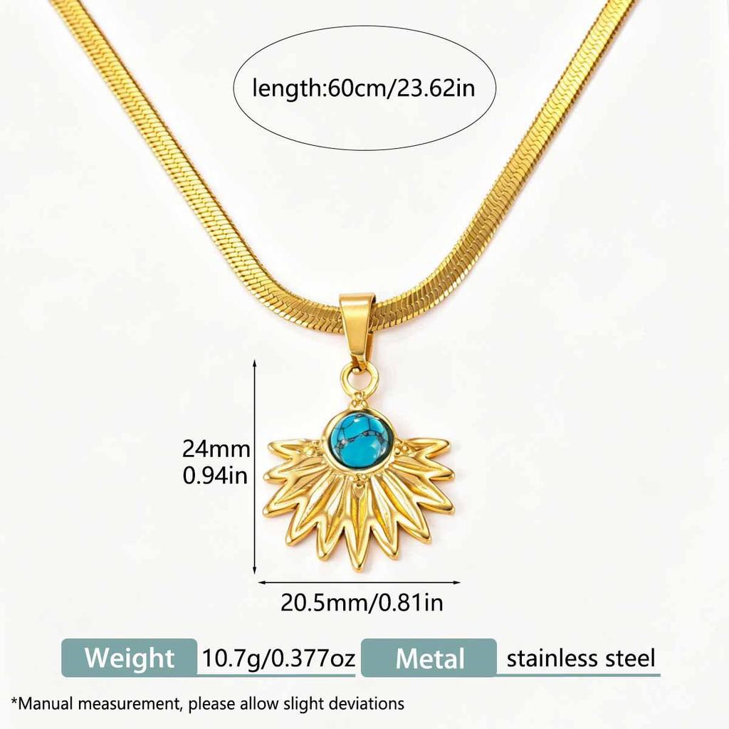 Golden Fan-Shaped Turquoise Stainless Steel Necklace - European & American Retro High-End Jewelry
