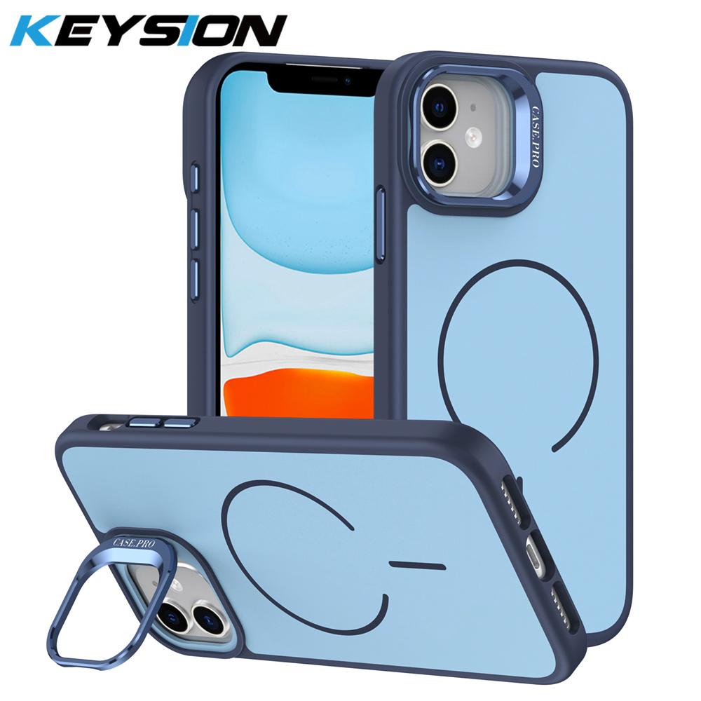 KEYSION Matte Skin Feel Lens Stand Phone Case for Magsafe for iPhone 11 12 Pro Max Magnetic Wireless Charging Shockproof Cover