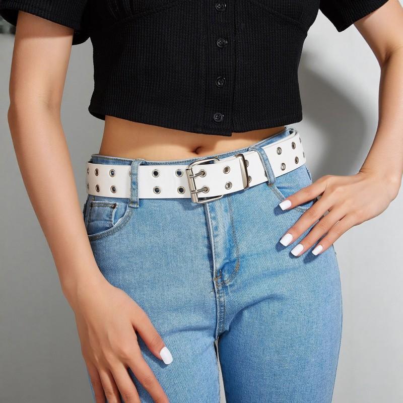Punk Style Women Men Black Faux Leather Belt With Metal Chain Decor Double Row Buckle Casual Jeans Accessory