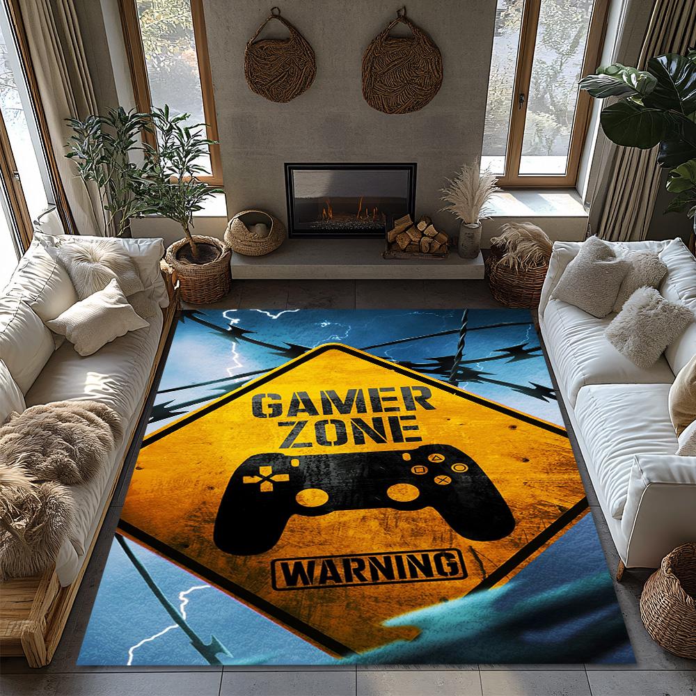 Gamer Zone Warnteppich, Gelb-Schwarzer Gaming-Teppich für Wohnzimmer, Weiche rutschfeste Matte mit Controller-Design-Dekor