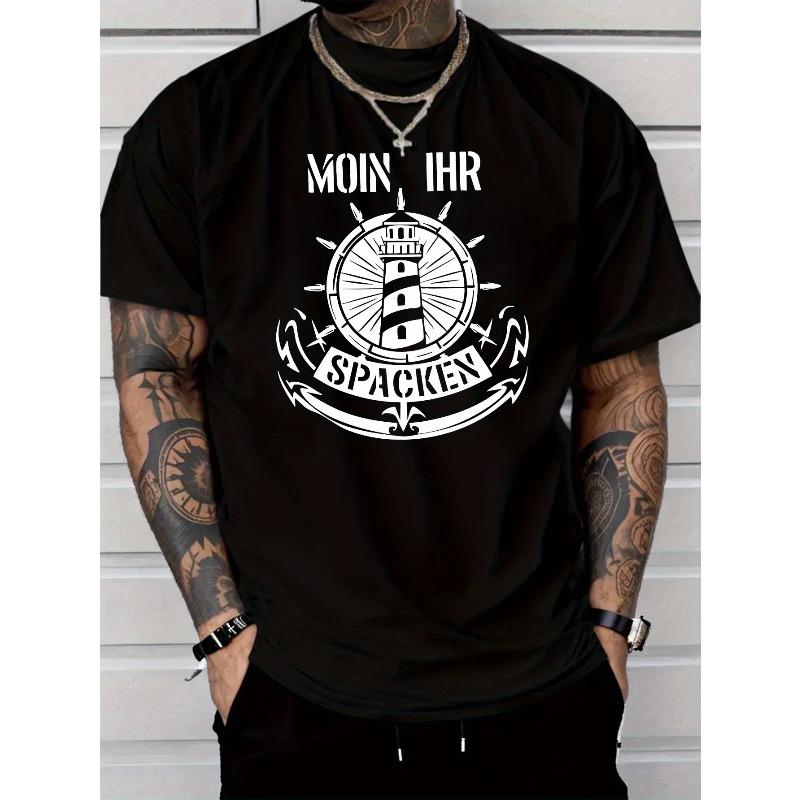 European Size Men'S Casual Summer T-Shirt - Lightweight , Regular Fit Short Sleeve Crew Neck, Bold "MOIN IHR SPACEN" Letter Print