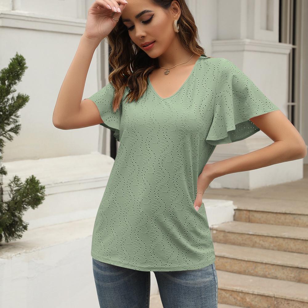 GMXIA Women's Fashion Casual Solid Color Print Short Sleeve V-Neck T-shirts and Tops