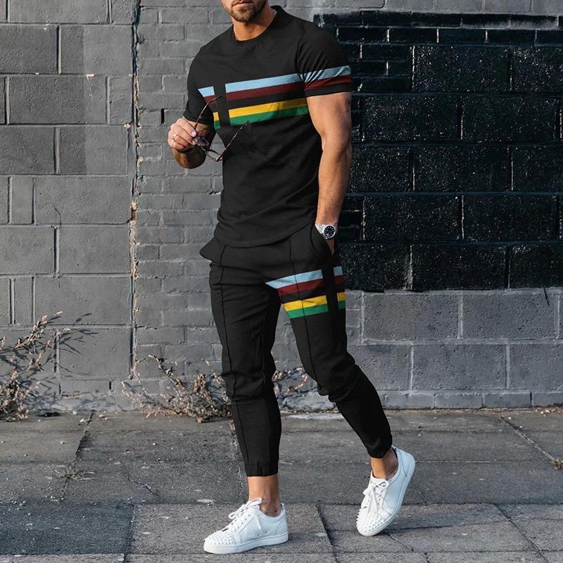 Sommer Männlichen Lose Beiläufige Druck T-shirt Elastische Taille Hosen Set Männer Kurzarm Street Style Pullover T-shirt Jogginghose Homme