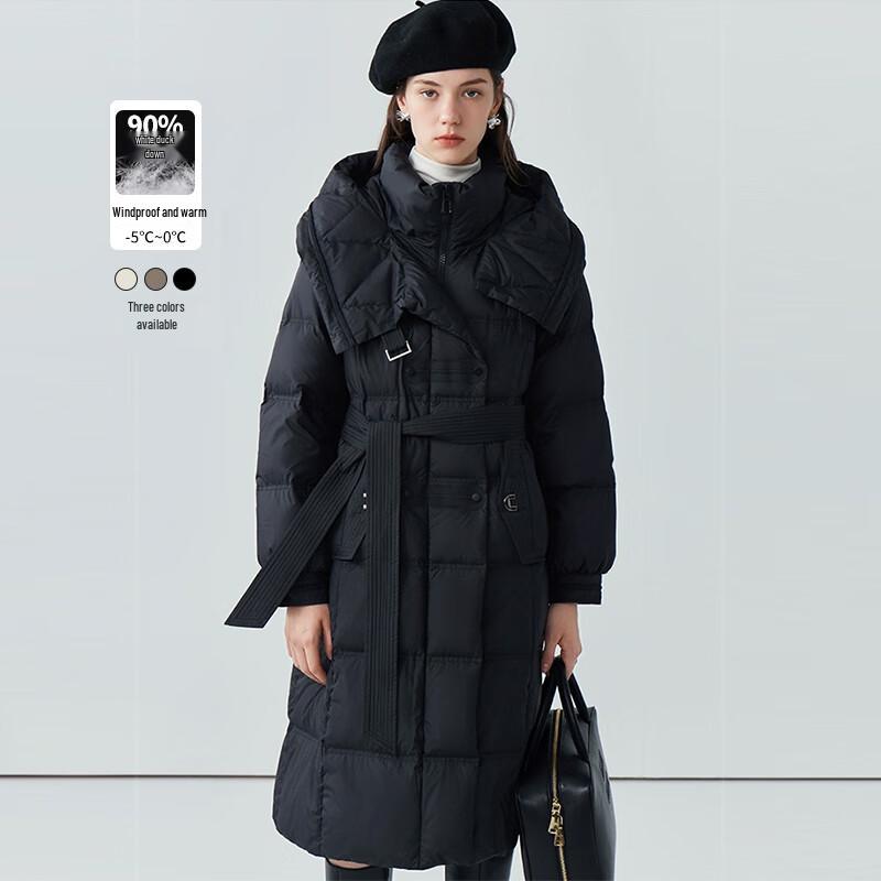 Damen Langer Winter-Daunenmantel mit Kapuze und Gürtel