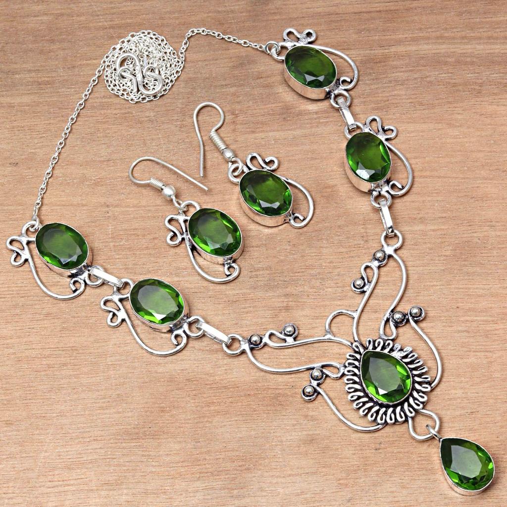 Peridot Quartz Gemstone Birthday Gift Jewelry Necklace & Earrings 18-20''