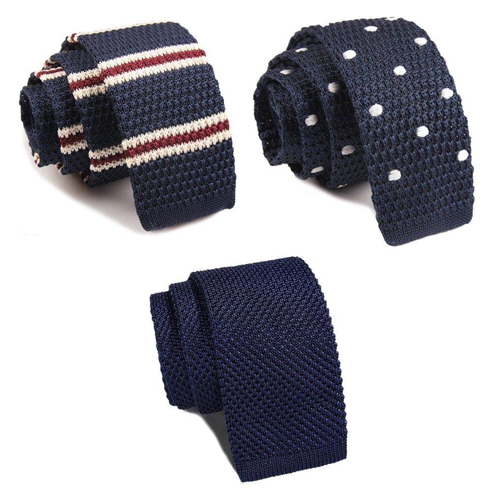 

[Dizegn] Knit Tie Set of 3 for Men: Striped, Solid, and Polka Dot Patterns. Stylish for Suits, Business, and Casual Wear. Washable. (Navy C)