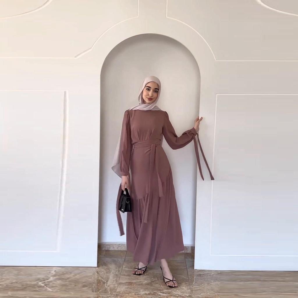 In Stock: 2024 Spring Dubai Long Sleeve Tie-Up Midi Dress Set