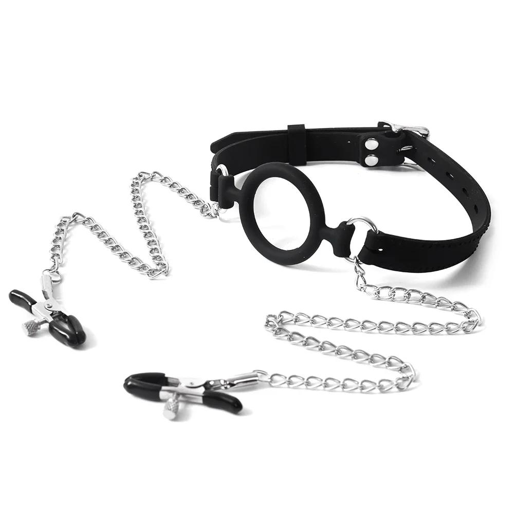 All Silicone Open Mouth O Ring Gag With Nipple Clamps  Bondage Harness Locking Belt Sexyshop Erotic Accessories For Adults
