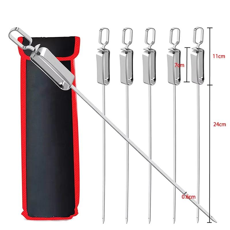 6Pcs Stainless Steel Flat BBQ Skewers with Quick Release Metal Sliding Handle for Grilling Kabob YY085