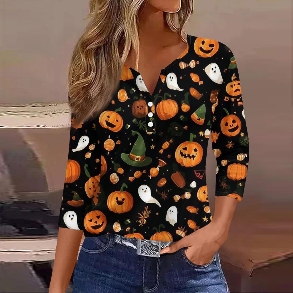Women's Casual Fashion V-neck Loose Versatile Halloween Print Three-quarter Sleeve Top