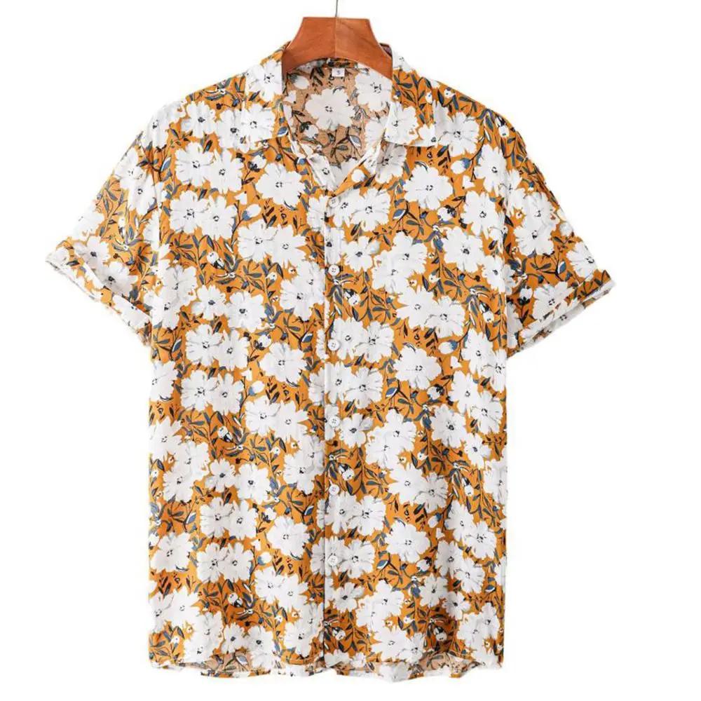Tropical leaf print short-sleeve shirt, casual daily wear.