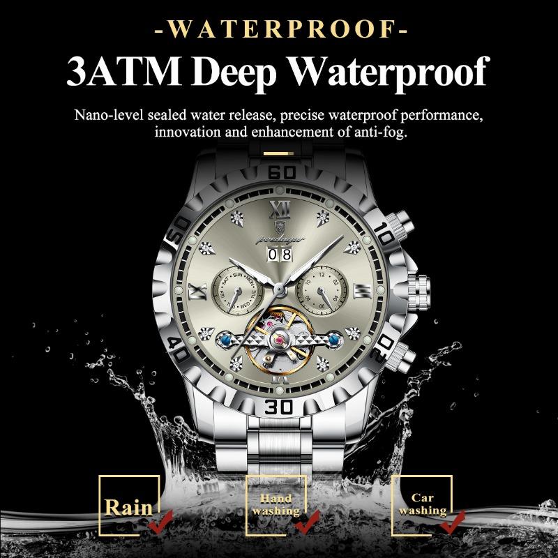 POEDAGAR Top Luxury Men Watch Automatic Date Week Man Wristwatch Hollow Tourbillon Mechanical Stainless Steel Watches