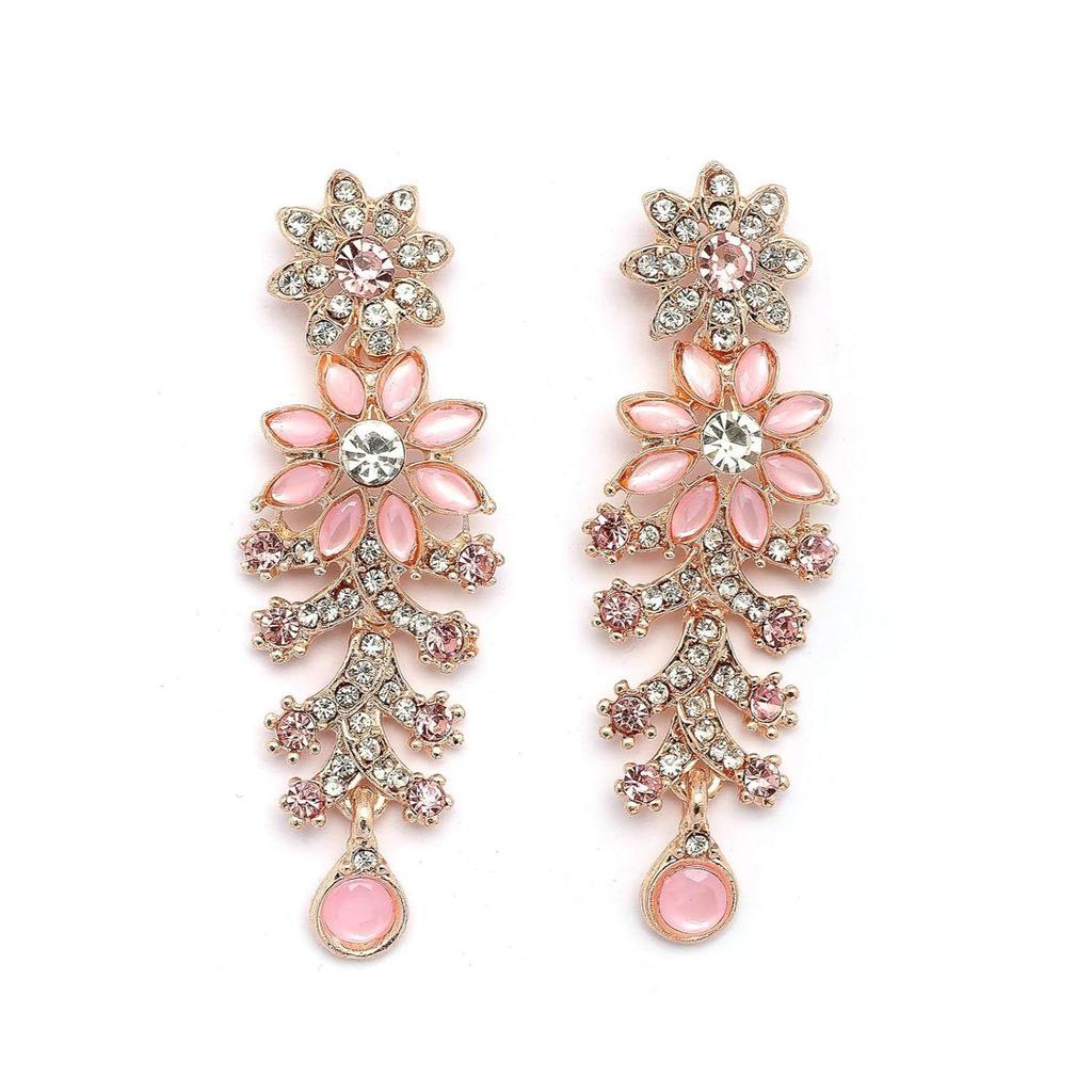 Charming Diamonds Studded Floral Choker Necklace with Danlge Earrings Maangtikka Jewellery Set for Women & Girlsf