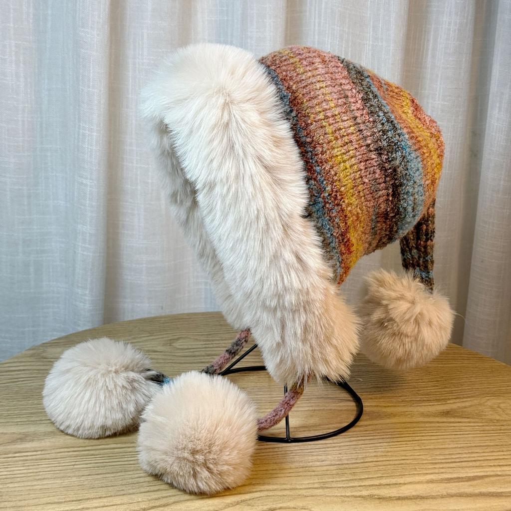 Rainbow Knitted Ethnic Style Ear Protection Hat for Women In Autumn and Winter Fur Ball Cute Plus Velvet Warm Lei Feng Hat Versatile Pullover Hat