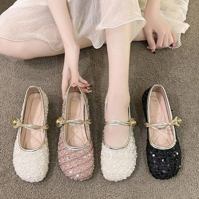 Fashion Shoes for Women Round Toe Black Net Cloth Sequins Cheap Clearance High Quality Fashion Summer 2025 Vacation Shallow Woman Flats