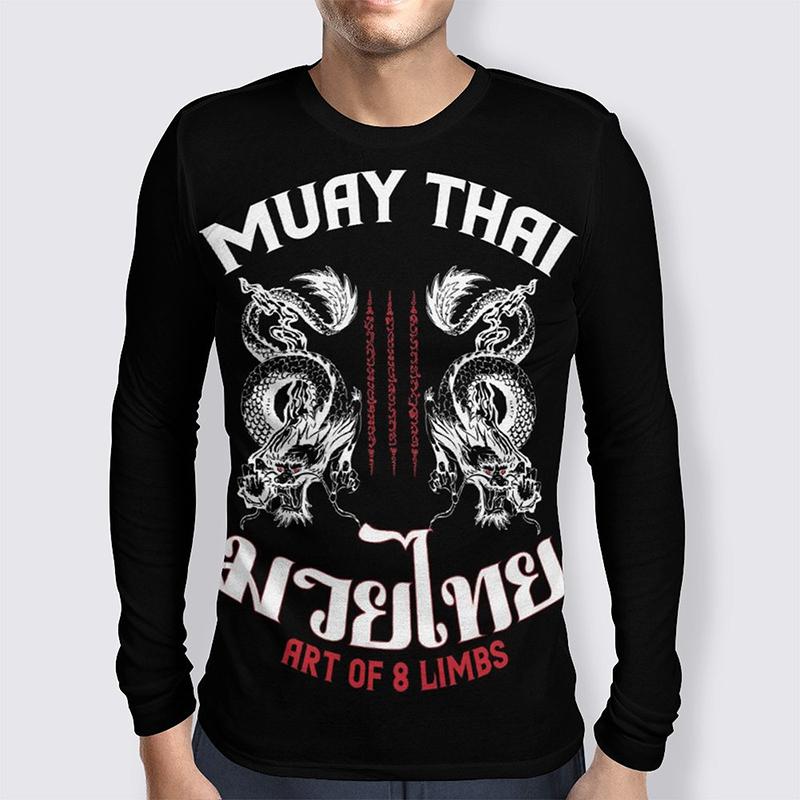 Spring and Autumn Round Neck Muay Thai Graphic 3D Printed Top Fashionable Casual Long Sleeved Men's T-shirts