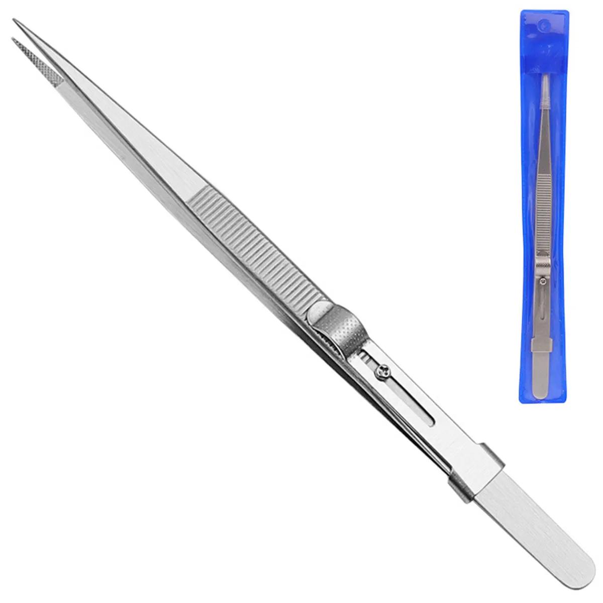 Slide Locking Tweezers Stainless Steel Fine Tipped Precision Tweezers Straight Curved Industrial Tweezers for Jewelry straight