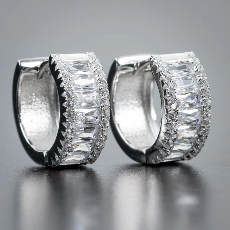 Wide Curved Half Hoop Earrings Center Baguette Cut Cubic Zirconia with Side Round Stone Paved Silver Tone Formal Banquet Ladies Accessories
