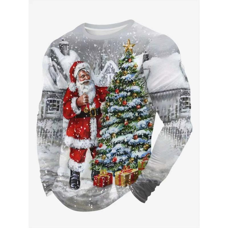 Christmas Elements Santa Claus 3D Printing Men's Spring Autumn Tops T-shirts Fashion Versatile Loose Breathable Long Sleeve O-neck T-shirt Casual