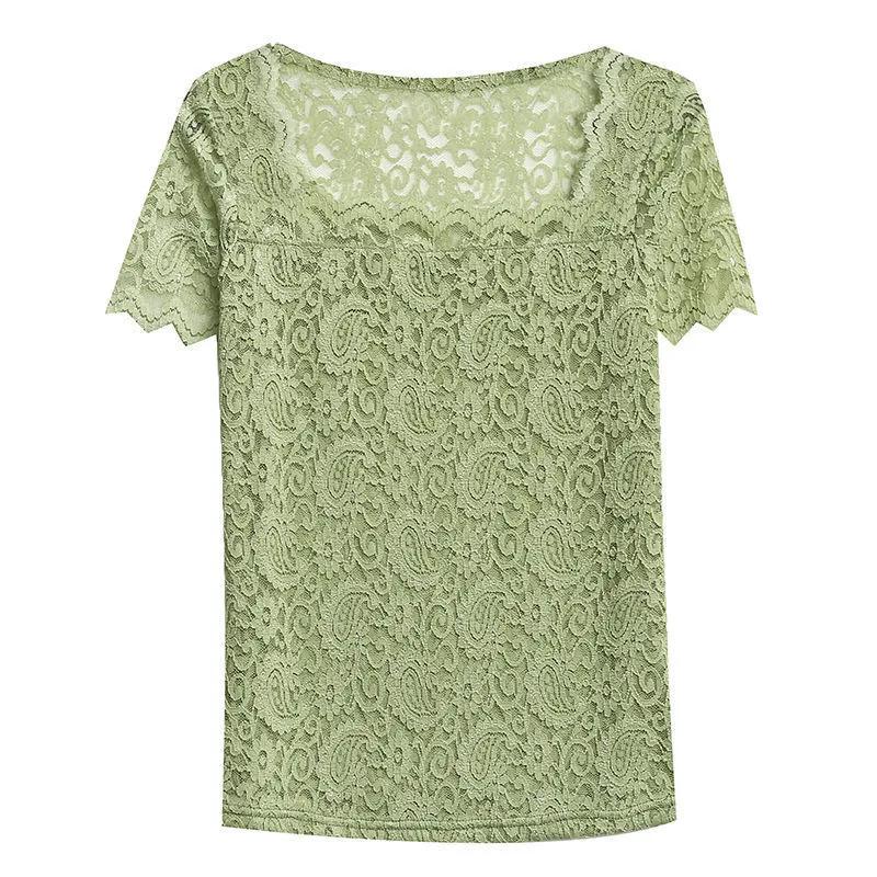 Women Summer  Lace Blouse Short-Sleeved Square Collar Solid Cutout Shirts