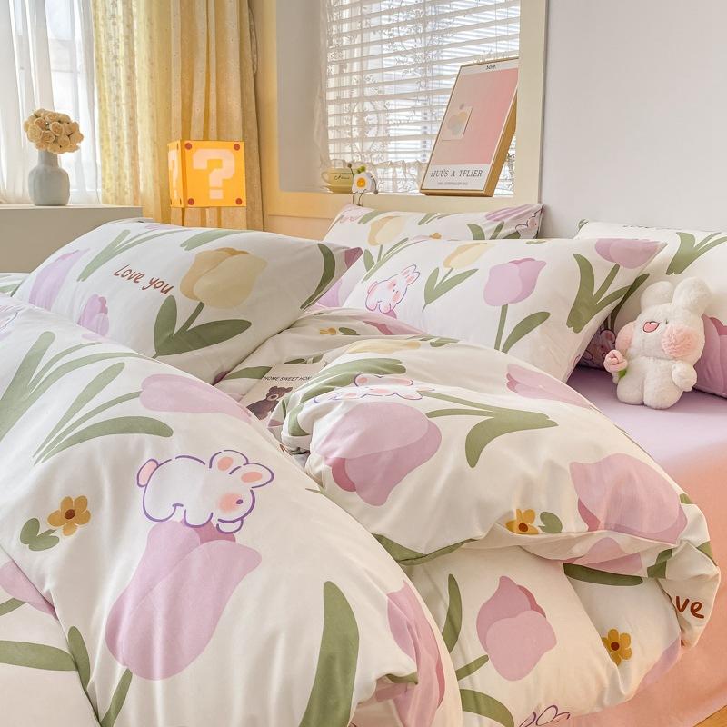 Small Fresh Washed Cotton Four-piece Set, Bedding Quilt Cover, Dormitory Single Bed Three-piece Set