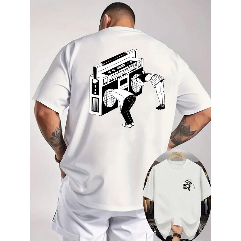 

Men s White T - Shirt with Black & White Boombox Graphic on Back, Tattoos Friendly, Front Small Graphic on Left Chest, Casual Style for Men S белый