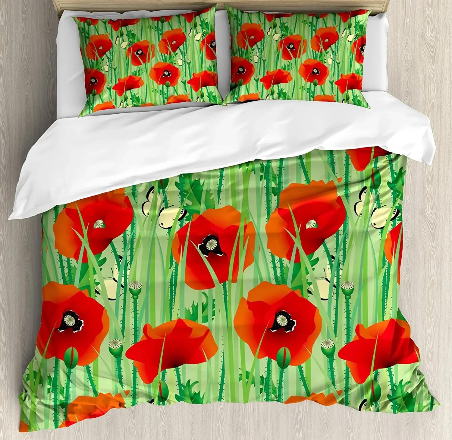 

Red Poppy Flower Plant Nature 3pcs Bedding Set For Bedroom Double Bed Home Textile Duvet Cover Quilt Cover Pillowcase EU Twin(135x200cm)