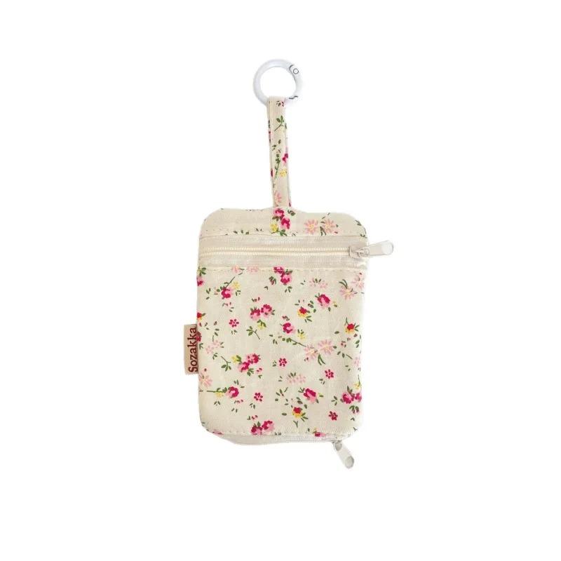Ins Floral Kpop Photocard Holder with Carabiner Floral Print Earphone Key Holder for Girl Small Organizer Bag for Daily Travel