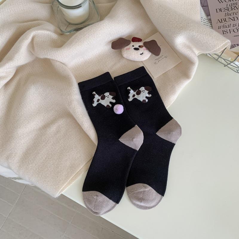 1pair Cute Women Socks Puppy Socks For Women Animal Pattern Cotton Socks With Fur Ball Funny Mid-tube Socks Calcetines Mujer