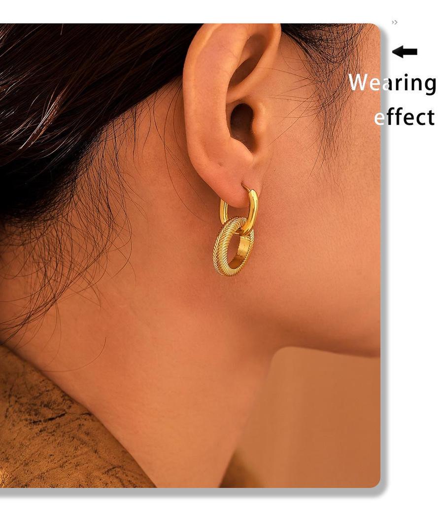 Qiong Yao Hypoallergenic Double Ring Threaded Stainless Steel Earrings with PVD Coating
