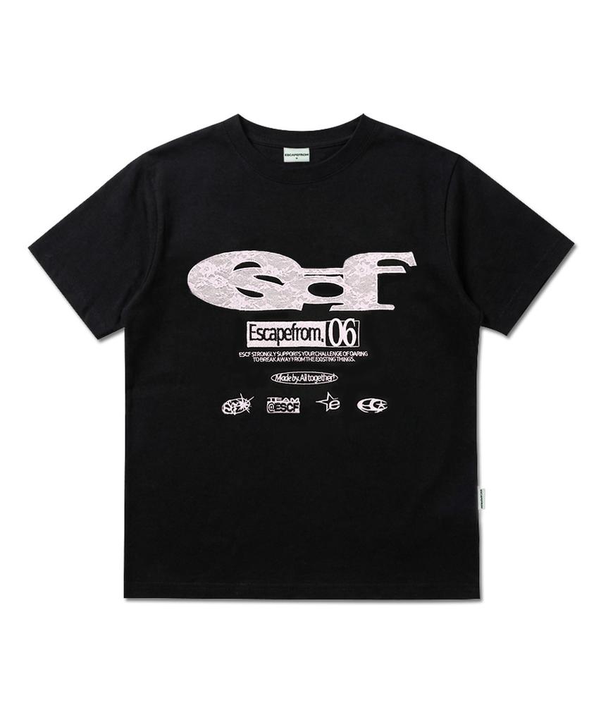 ESCAPEFROM Lace Escf Logo Collage Applique Standard Fit Short Sleeve T-Shirt Black