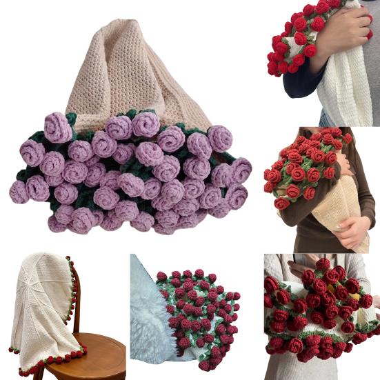 Crochet Rose Bouquet Blanket Handmade Rose Bouquet Throw Blanket Crocheted Roses Bouquet Sofa Blanket for Bed Decor Romantic Gift