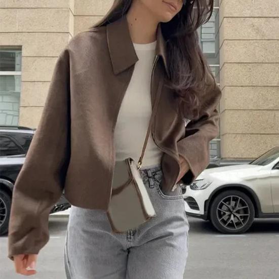 Damjacka i ull med dragkedja, lång ärm, slag, kort erdbönskappa, ledig höst/vår ytterkläder med fickor