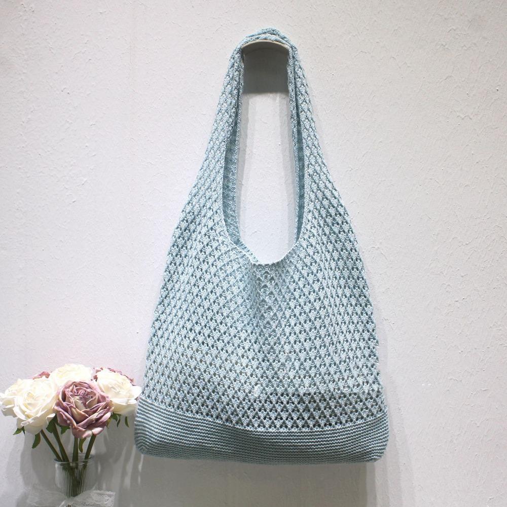 Top-handle Knitted Tote Bag Solid Color Women Crochet Handbags Big Purses Summer Beach Bag  Travel