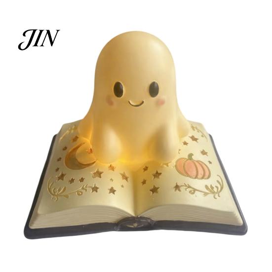 Durable Small Table Lamp Magic Book Ghost Night Light, Resin Tabletop Warm Glow with Moon Soft Yellow Light Star Relief, Cute Bedside Sleeping