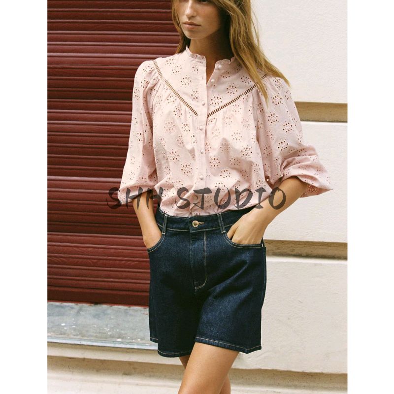 Autumn New Women's Clothing Laminated Decoration Cotton round Neck Cut Out Embroider Long Sleeve Shirt Top 8741230