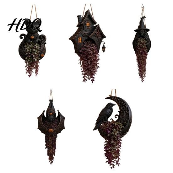 Fall Seasonal Plant Container Halloween Hanging Planter for Indoor Outdoor Use Gothic Bat Cat Witch Raven Unique Gift Lovers Pot Holder Spooky Wall