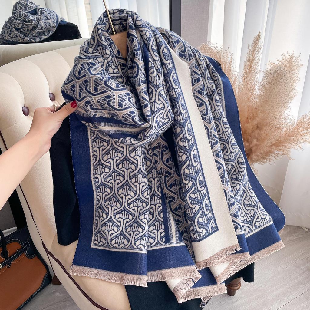 Korean Version Geometric Warm Scarf Double-Sided Imitation Cashmere Thickened Student Scarf Air-Conditioned Room Shawl Outside