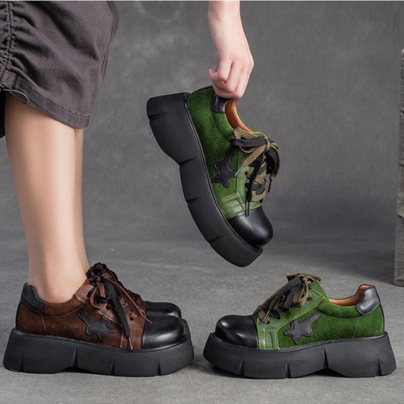 Johnature Genuine Leather Pumps Thick Soled Round Toe Mixed Colors Lace-up Fashion Versatile Women's Shoes